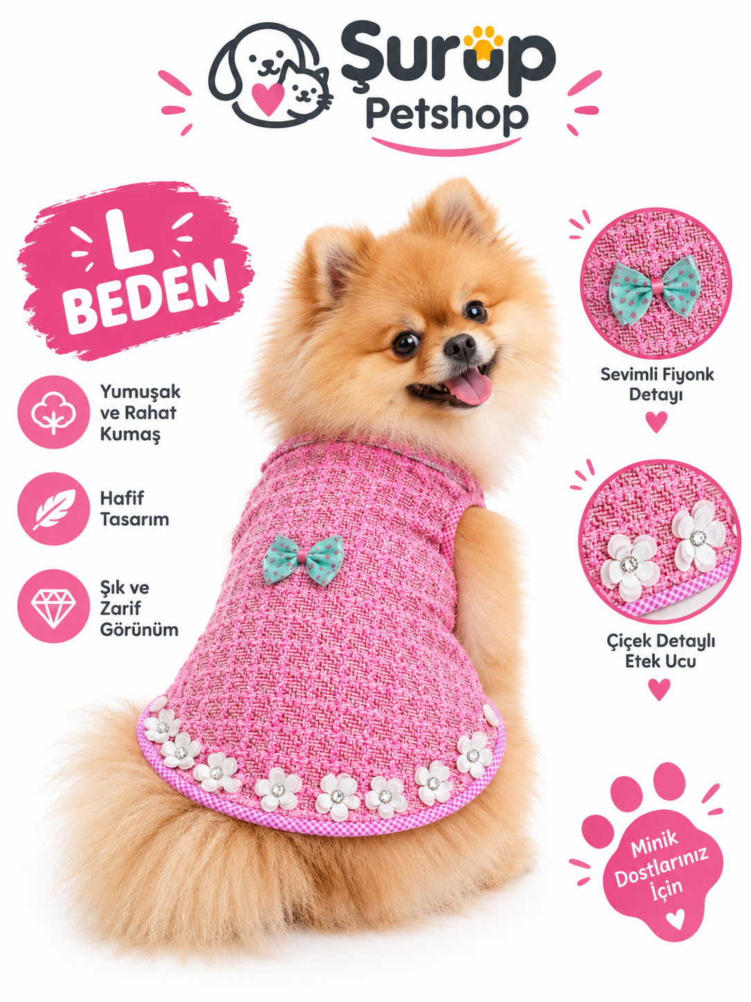 Köpek Elbisesi Pembe Şık Tasarım ( L beden )